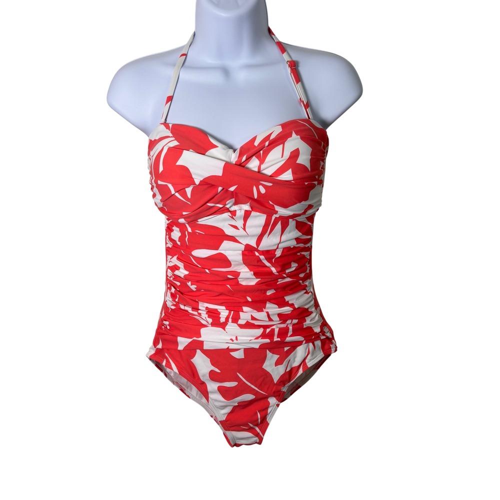 Anne Cole Womens Swimsuit Sz 8 Coral Floral Halter Strapless One Piece